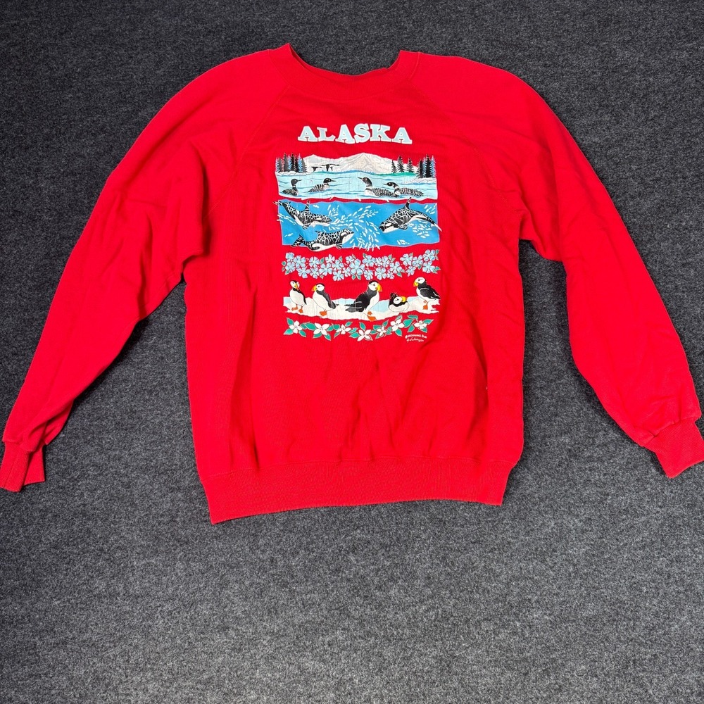 Vintage Hanes Sweatshirt Mens XL Red Alaska Wildlife Print Crew Neck Ribbed Trim